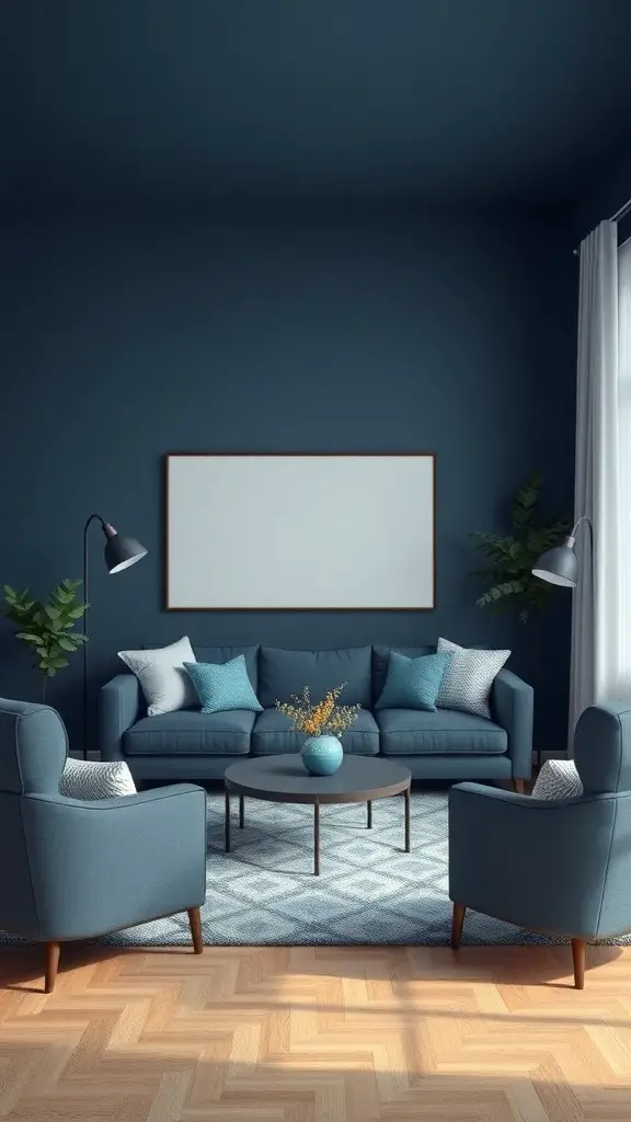 29+ Stunning Navy Blue Living Room Ideas to Transform Your Space 17 A cozy navy blue living room with a plush sofa, stylish lamps, and decorative plants.