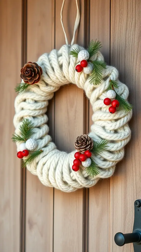 A cozy knit winter wreath adorned with pinecones and red berries, hanging on a wooden door.