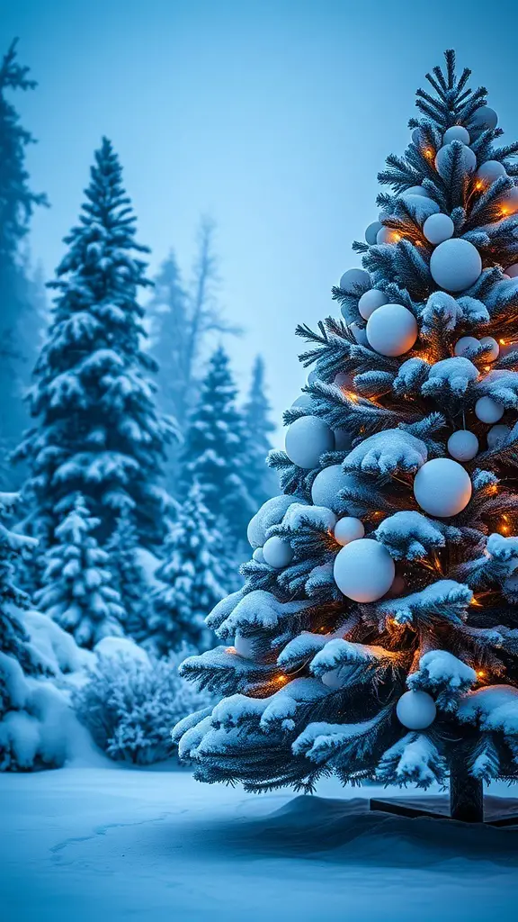 A beautifully decorated blue and white Christmas tree in a snowy landscape