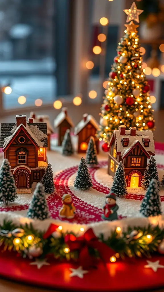 31+ Creative Christmas Centerpieces for Your Holiday Table 17 A festive Christmas village centerpiece featuring decorated houses, a Christmas tree, and snow-covered trees.