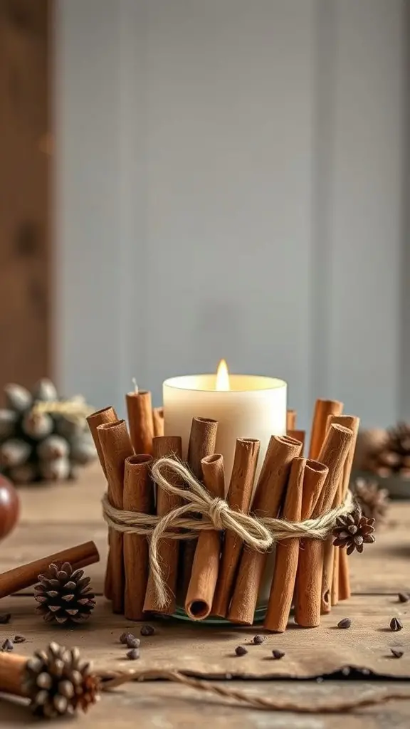 A cinnamon stick candle holder with a white candle surrounded by pine cones and chocolate chips on a wooden table.