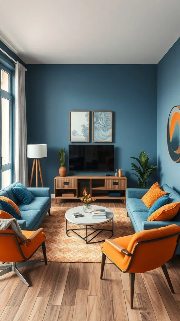 A small living room featuring blue walls, blue sofas, and orange chairs, with a coffee table and decorative elements.