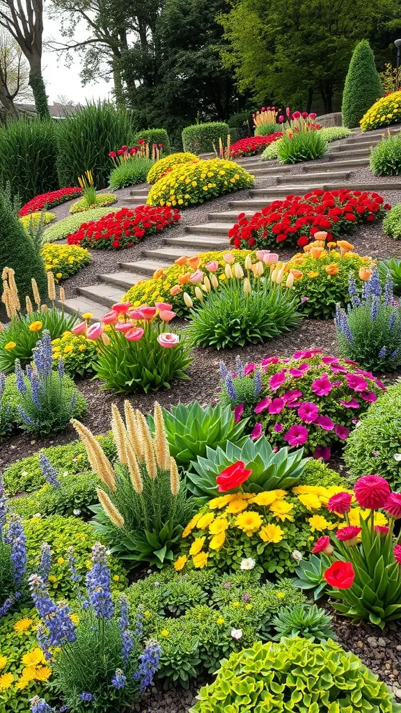 25+ Inspiring Hill Garden Ideas You Need to Try 18 A colorful hill garden with various flowers arranged along steps, showcasing seasonal blooms.