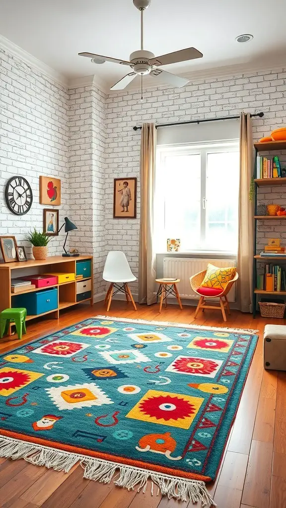 37+ Vintage Kids Room Ideas to Inspire Your Decor 4 A colorful area rug with shapes and letters in a playful kids room setting