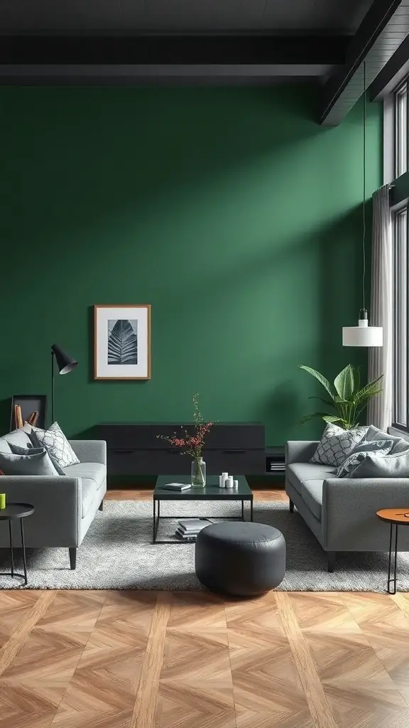 27+ Stunning Grey and Green Living Room Ideas 3 Living room featuring a green accent wall and grey furniture.