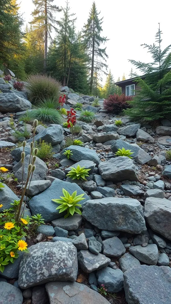 25+ Inspiring Rock Bed Landscaping Ideas for Your Garden 18 A rock bed landscape with various plants and stones, showcasing seasonal changes.