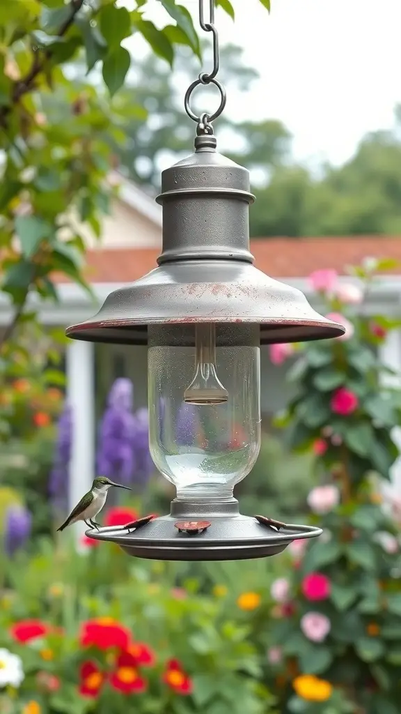A DIY hummingbird feeder made from an old light fixture, featuring a glass reservoir and a colorful garden backdrop.