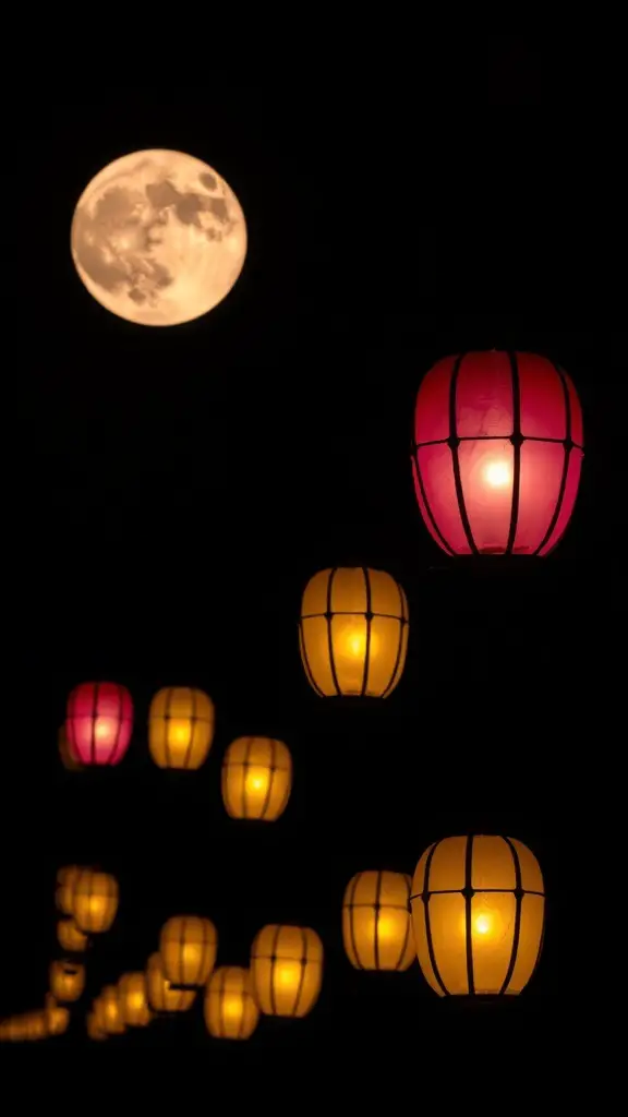 23+ Creative Fall Gender Reveal Ideas for Your Autumn Celebration 2 Colorful lanterns glowing against a night sky with a full moon