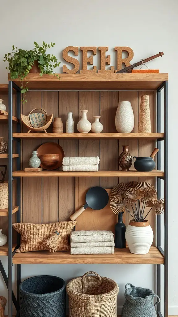 A stylish shelf displaying a variety of decorative items, including vases, baskets, and plants, showcasing layered textures.
