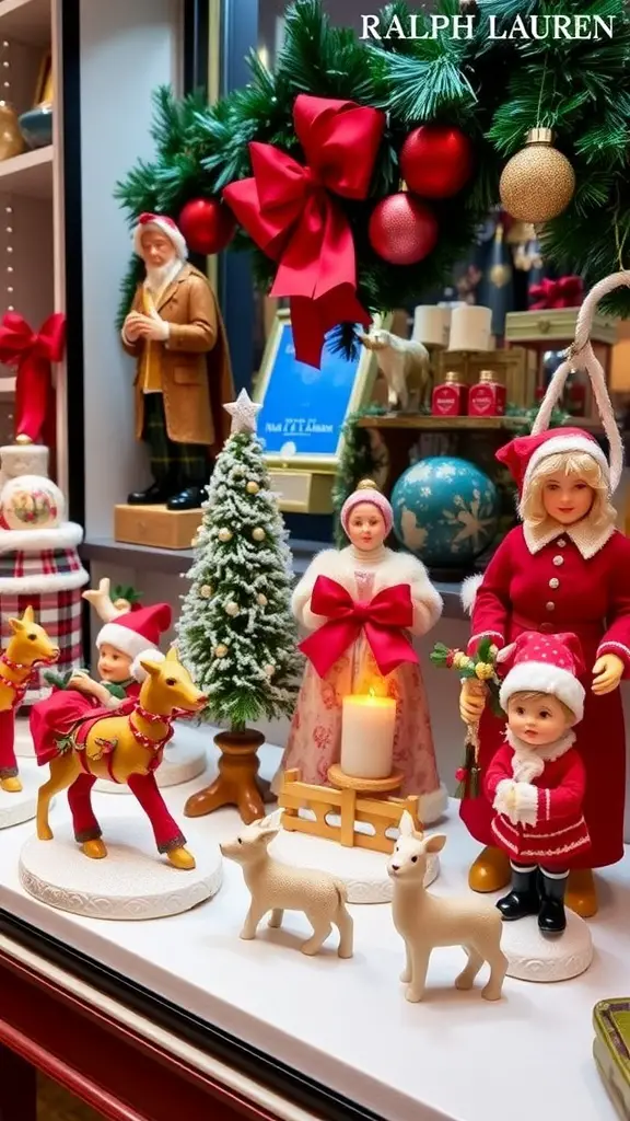 27+ Stylish Ralph Lauren Christmas Decor Pieces You Need This Holiday Season 13 A display of Ralph Lauren Christmas figurines including Santa Claus, reindeer, and festive trees.