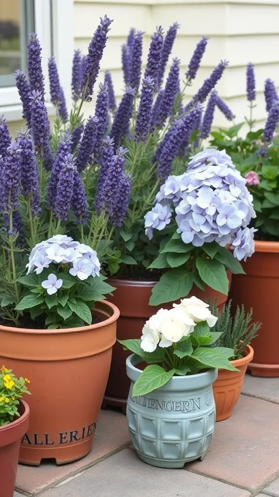21+ Stunning Lavender and Hydrangea Landscaping Ideas to Transform Your Garden 11 Container garden featuring lavender and hydrangea plants in various pots.