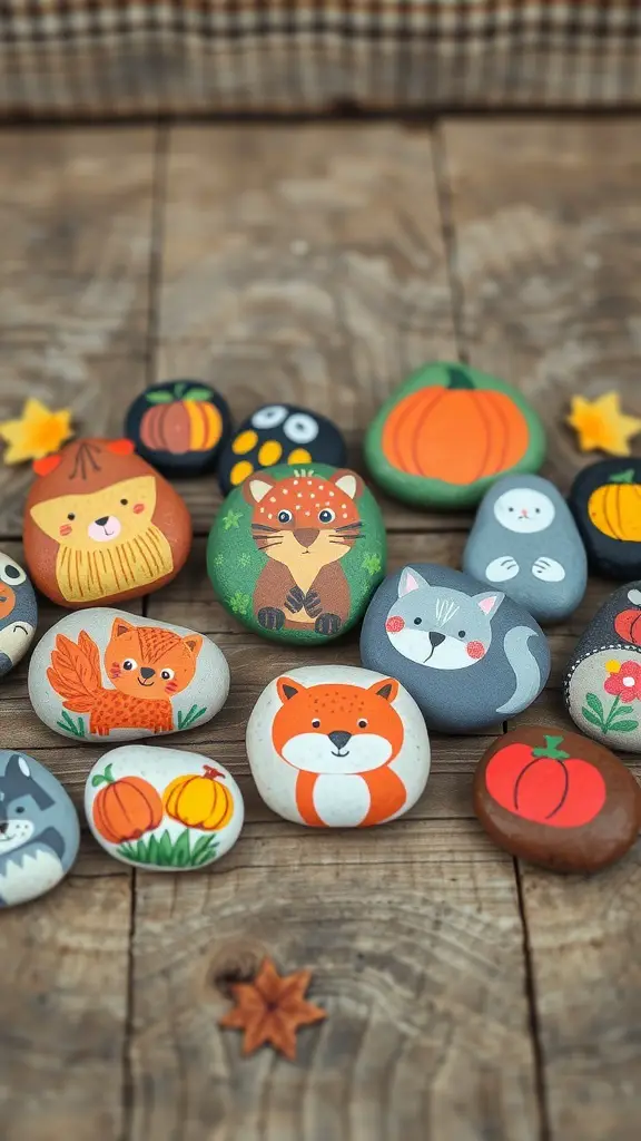 Colorful painted rocks depicting fall animals and pumpkins on a wooden surface.