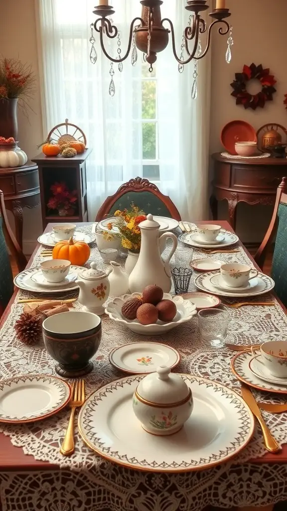 A vintage Thanksgiving table setting with floral china, pumpkins, and a lace tablecloth.