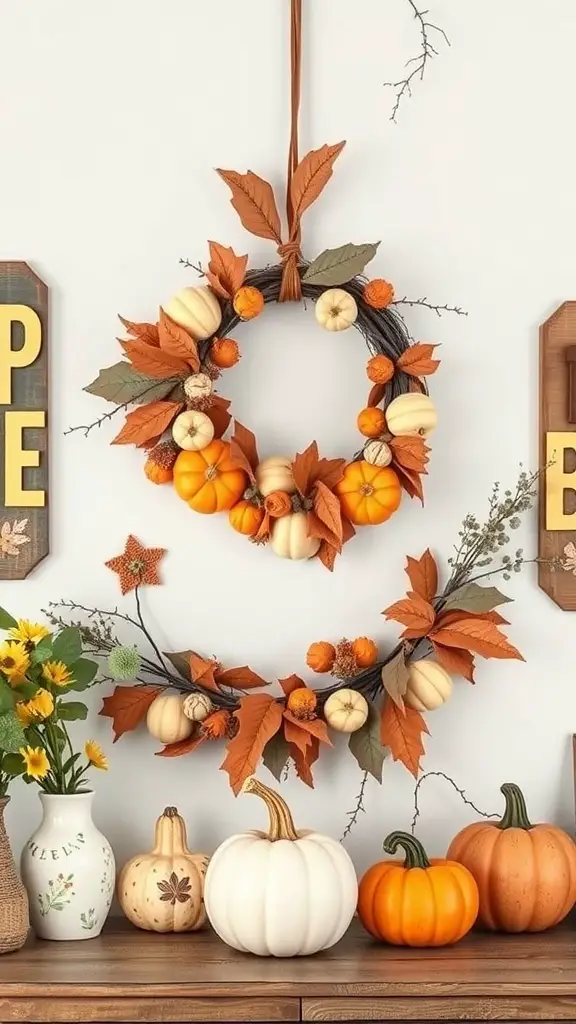 A decorative pumpkin wreath with small pumpkins and autumn leaves, displayed on a wall.