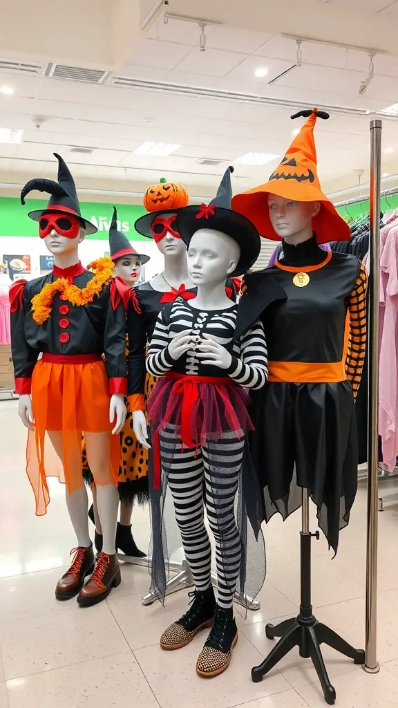 Display of Halloween costumes at Dollar Tree, featuring colorful outfits on mannequins.