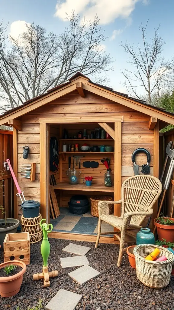 A cozy wooden seasonal storage shed with tools and plants organized inside.