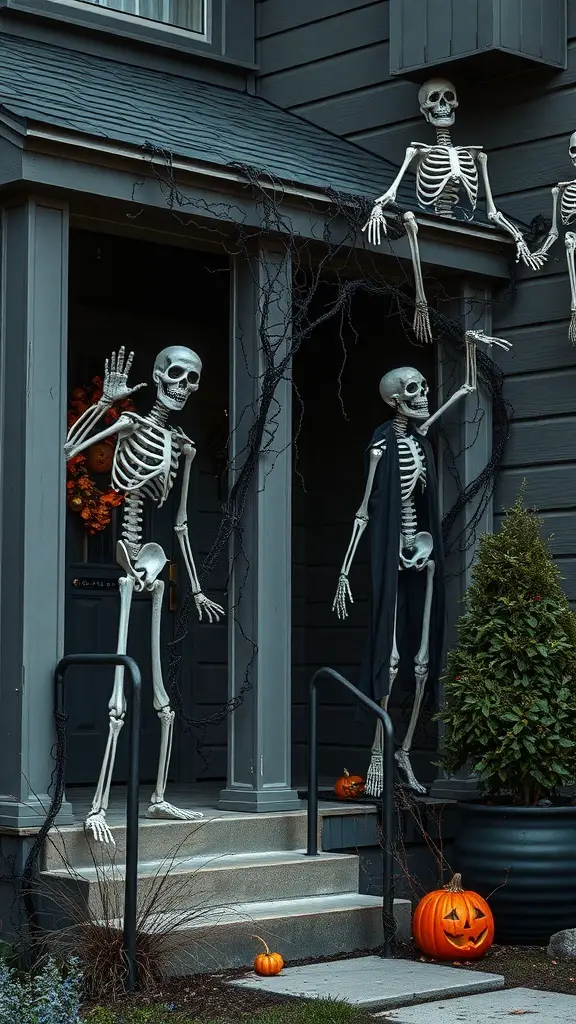 31+ Spooky Halloween House Decorations You Need This Season 21 Skeletons climbing the walls of a house decorated for Halloween with pumpkins on the steps.