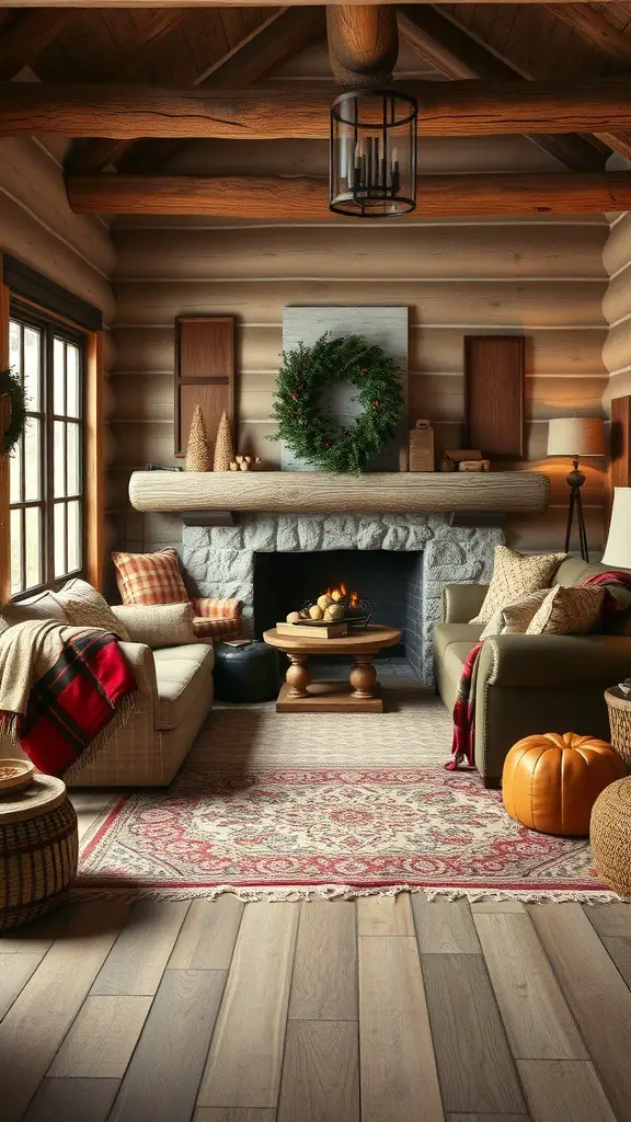 Cozy rustic living room with wooden beams, a stone fireplace, and warm accents.