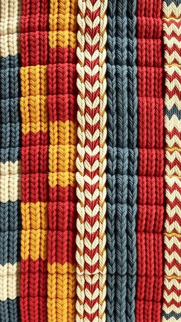 A close-up of a colorful quilt with knit-like patterns in warm autumn colors.