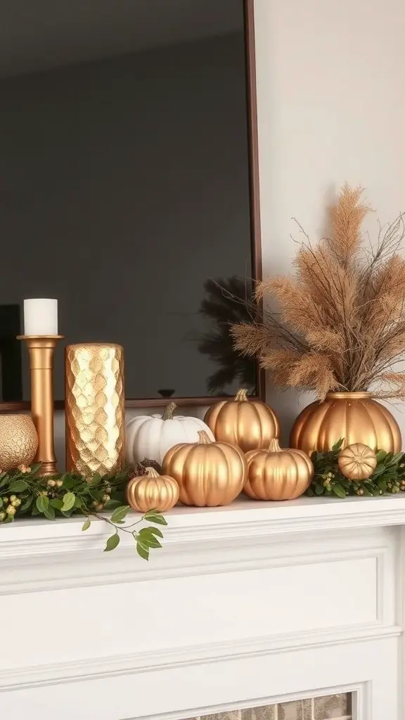 27+ Stunning Fall Mantle Decor Ideas You’ll Love 2 A fall mantle decor featuring golden pumpkins, a shiny vase, and greenery.