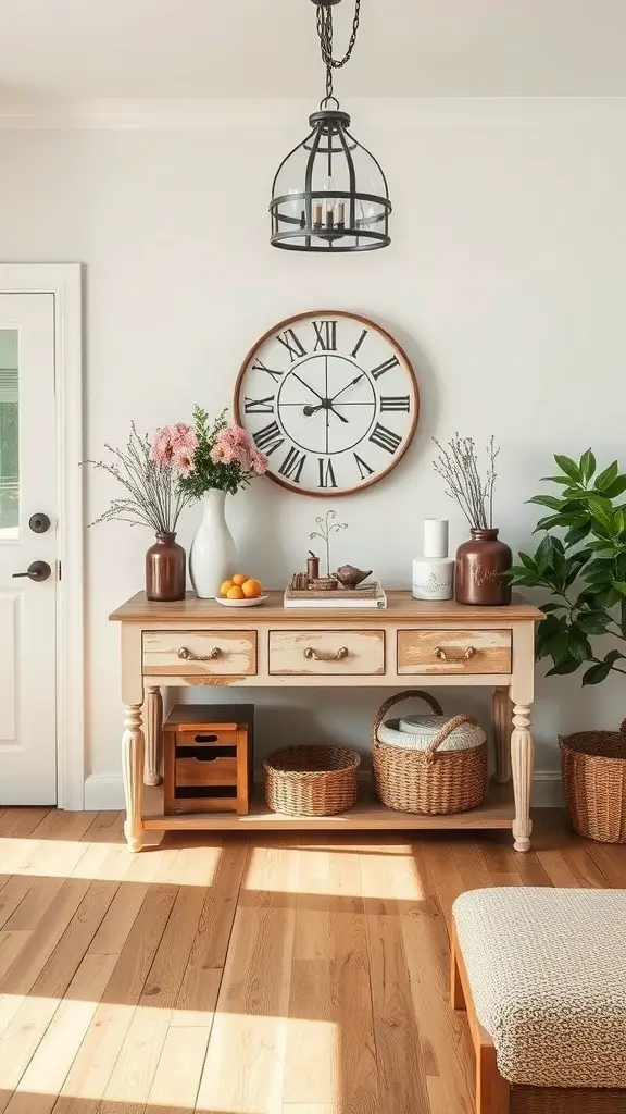 27+ Vintage Farmhouse Living Room Ideas for Cozy Charm 16 A vintage farmhouse entryway with a wooden table, decorative items, and a hanging light fixture.