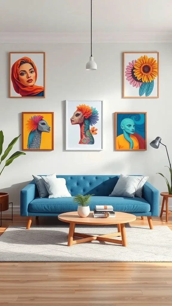 A stylish blue sofa in a living room adorned with bold art pieces on the walls.