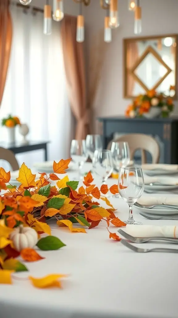 25+ Stunning Fall Dining Table Decor Ideas You Need to Try 18 A dining table decorated with colorful autumn leaves and pumpkins, set for a meal.