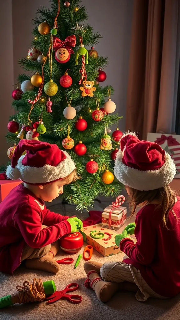 Two children in Santa hats crafting decorations for a Grinch-themed Christmas tree.
