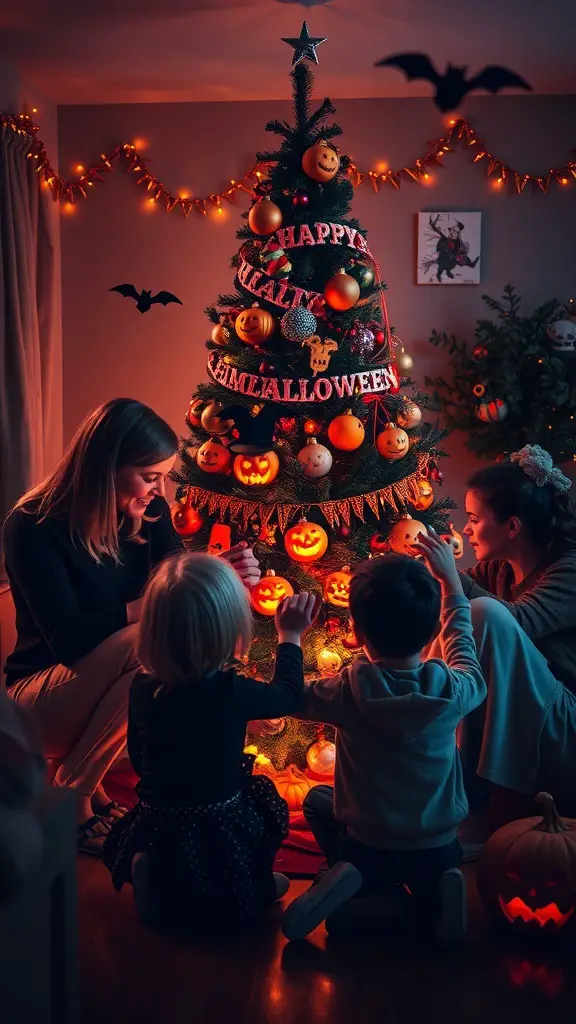 29+ Creative Halloween Christmas Tree Ideas to Spook Up Your Holiday Decor 19 A family decorating a Halloween-themed tree with pumpkins and festive ornaments.
