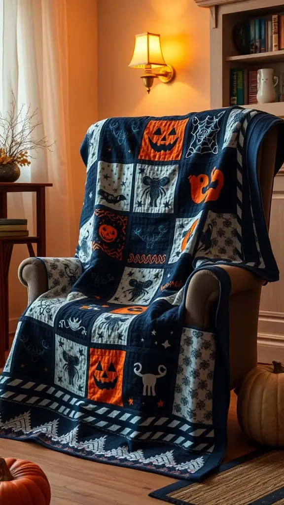 A cozy Halloween-themed quilt featuring pumpkins, ghosts, and spider webs, draped over a chair in a warm living room.