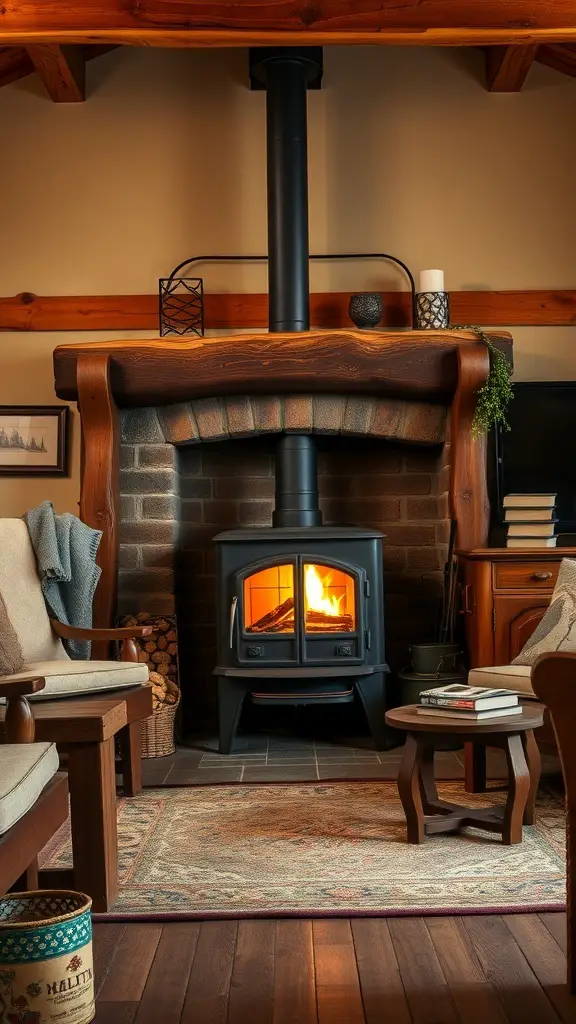 31+ Inspiring Wood Burning Stove Living Room Ideas 6 A cozy living room featuring a cast iron wood-burning stove surrounded by comfortable seating and rustic decor.