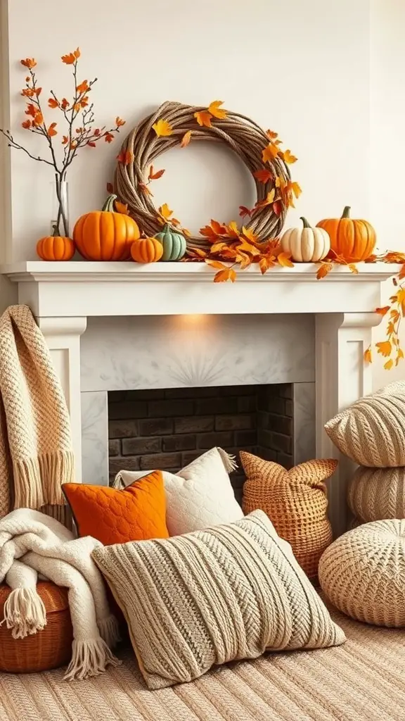 27+ Stunning Fall Mantle Decor Ideas You’ll Love 3 A cozy fall mantle decorated with warm textiles, pumpkins, and autumn leaves.