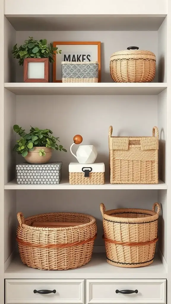 A stylish shelf with woven baskets, plants, and decorative items.
