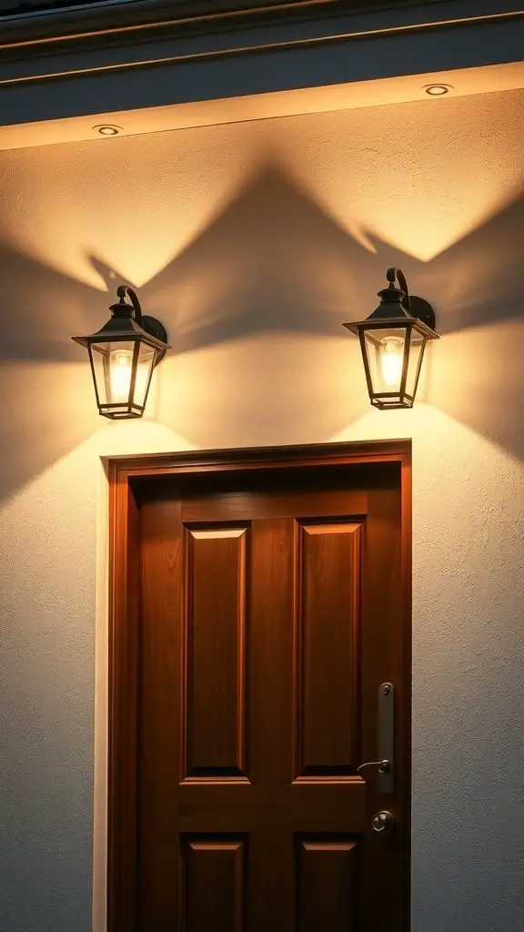 25+ Creative Front Porch Lighting Ideas to Brighten Your Home 15 Wall-mounted lanterns illuminating a wooden door