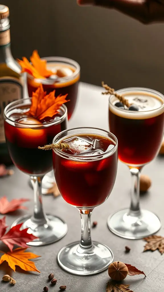 An assortment of fall-themed cocktails with autumn leaves and spices.