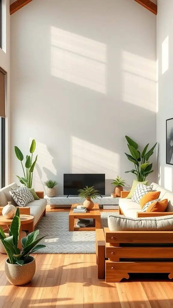 27+ Stunning Ideas for a Neutral and Blue Living Room Decor 8 A bright living room featuring neutral tones, blue accents, and various indoor plants.