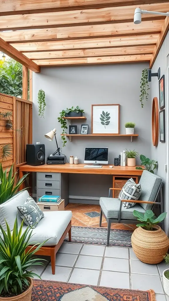 A stylish backyard office with a wooden desk, comfortable seating, and plants.