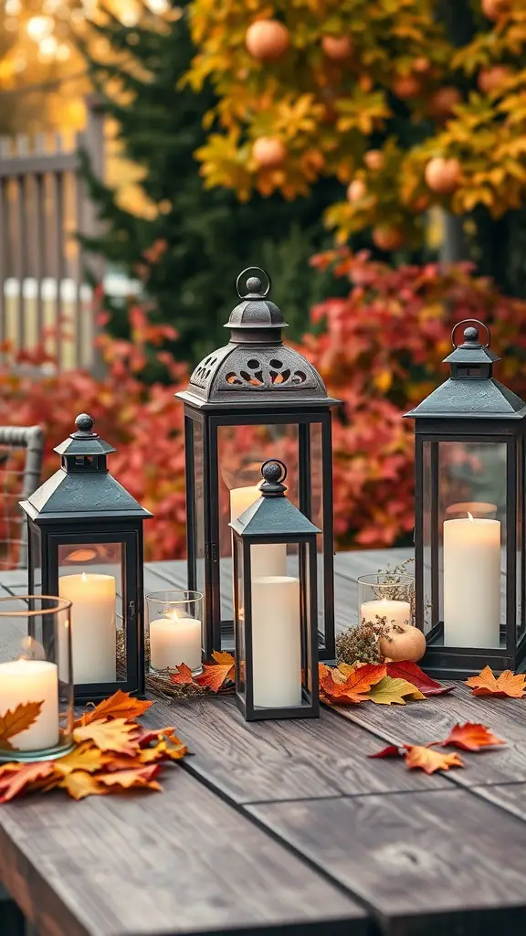 29+ Creative Fall Outdoor Decor Ideas to Transform Your Space 9 Rustic lanterns and candles surrounded by autumn leaves and pumpkins on a wooden table.