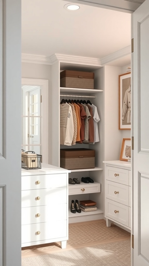 25+ Stylish Closet Ideas Featuring Dressers Inside 15 A well-organized closet with a dresser, featuring recessed lighting for better visibility.