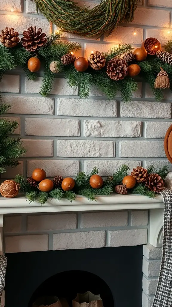 27+ Stunning Fall Mantle Decor Ideas You’ll Love 8 A fall mantle decorated with pinecones, faux oranges, and greenery.