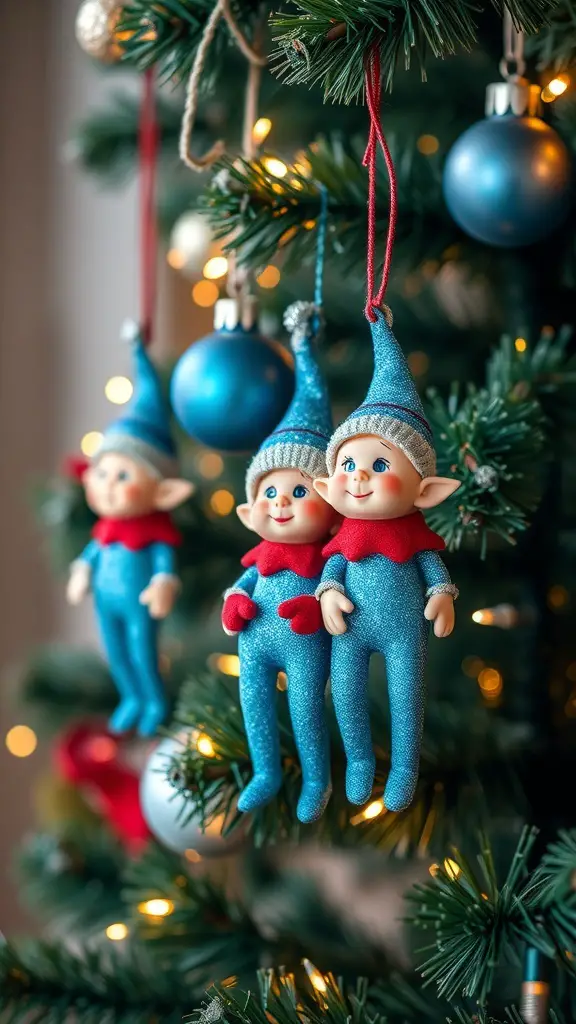 Three blue elf ornaments hanging on a Christmas tree