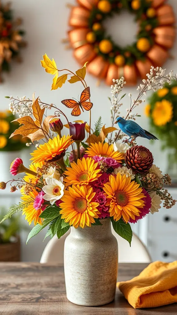 A vibrant floral arrangement with sunflowers, purple blooms, and decorative butterflies in a neutral vase, set against a backdrop of fall-themed decor.
