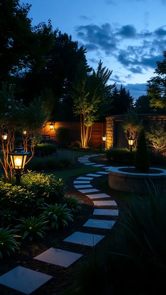 A beautifully landscaped garden path illuminated by outdoor lighting at night.