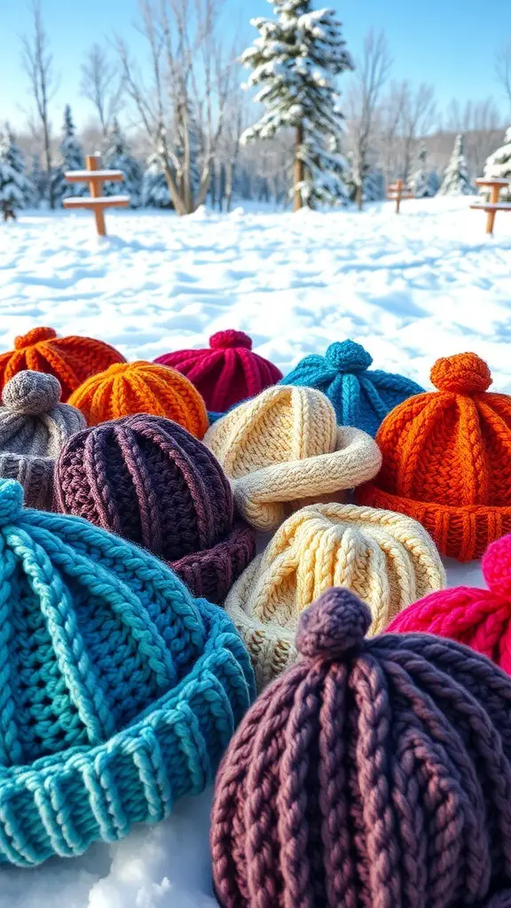 Colorful crochet beanies displayed in the snow