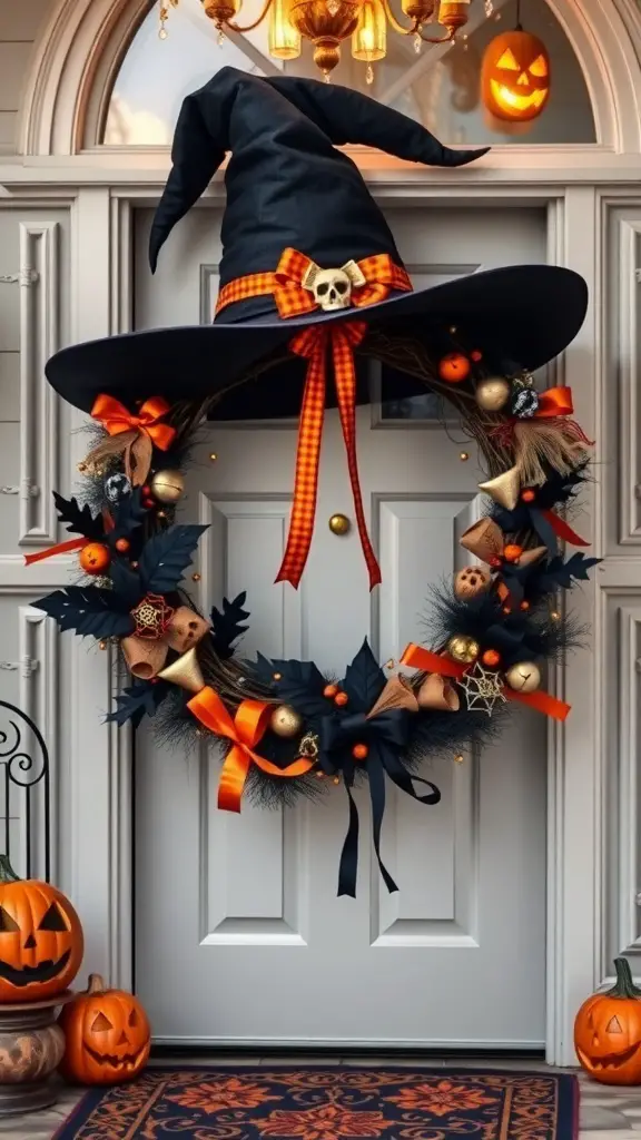 A Halloween wreath featuring a witch's hat, pumpkins, and festive decorations.