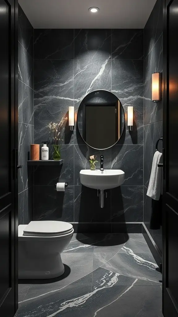 27+ Dark and Moody Powder Room Decor Ideas for a Chic Makeover 16 A dark moody powder room with black marble-like tiles, a white sink, and soft lighting.