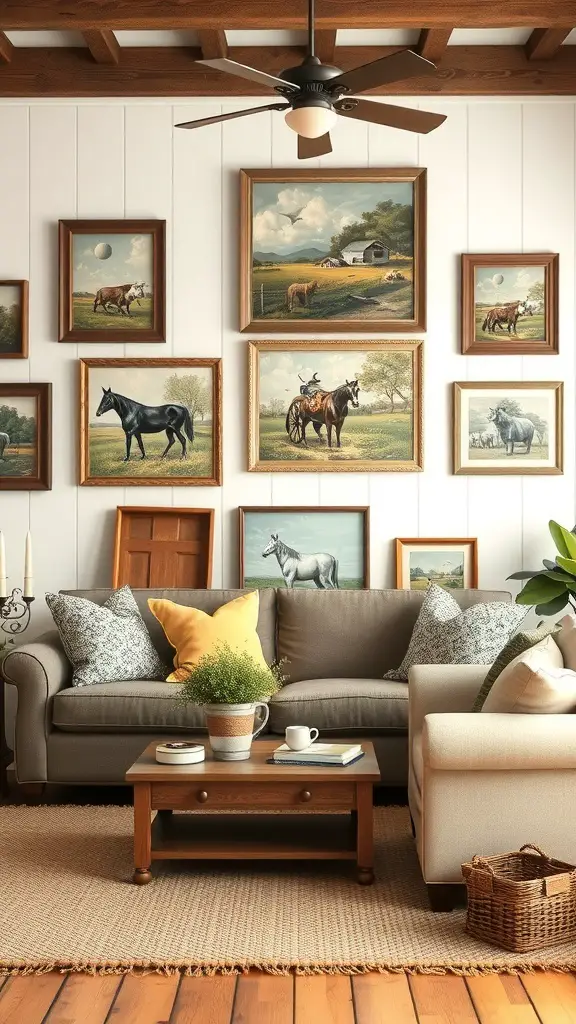 27+ Vintage Farmhouse Living Room Ideas for Cozy Charm 8 A cozy vintage farmhouse living room with framed animal paintings on the wall.