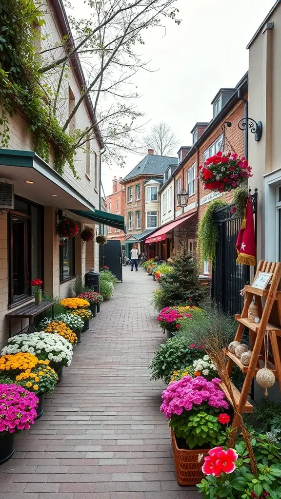 29+ Creative Street Garden Ideas for a Stunning Urban Oasis 15 A charming street lined with colorful flower pots and greenery, showcasing seasonal displays.