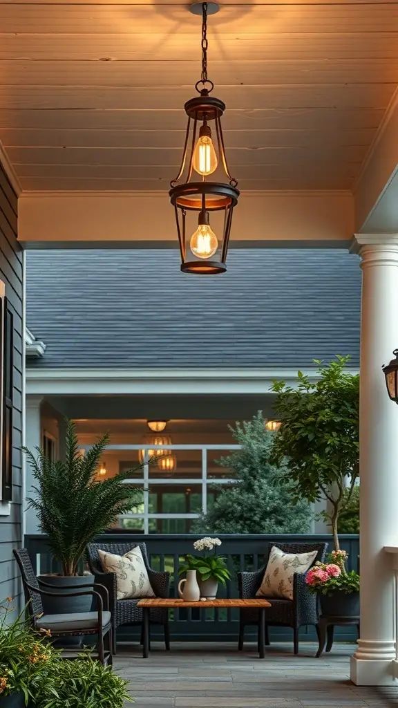 25+ Creative Front Porch Lighting Ideas to Brighten Your Home 8 A cozy front porch featuring a hanging pendant light, comfortable seating, and potted plants.