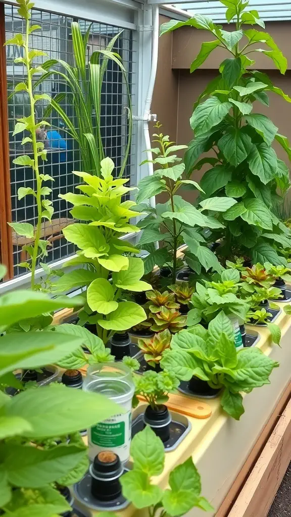 An indoor aquaponic system with plants and fish.